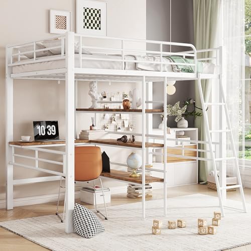 OKMYHOME Hochbett 90 x 200 cm – Einzelbett mit L-förmiger Schreibtisch, Leiter und Körperschutz, ohne Matratze – Metall, Weiß OKMYHOME Hochbett 90 x 200 cm – Einzelbett mit L-förmiger Schreibtisch, Leiter und Körperschutz, ohne Matratze – Metall, Weiß von OKMYHOME