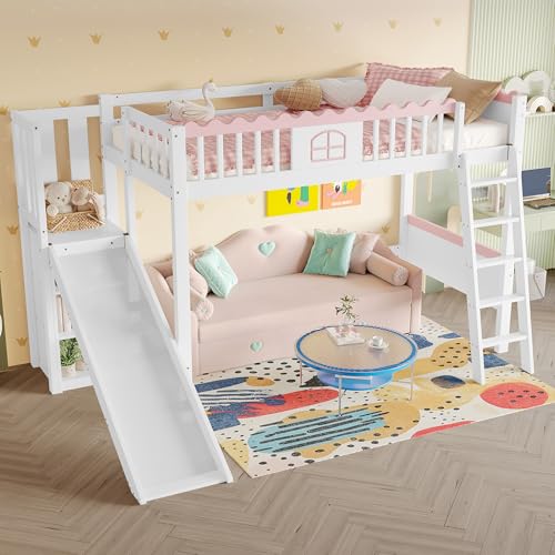 OKMYHOME Hochbett 90 x 200 cm – Einzelbett mit Regal, Rutsche und LED-Beleuchtung, Fernbedienung, ohne Matratze – Weiß von OKMYHOME