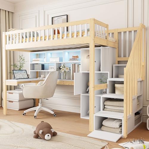 OKMYHOME Hochbett 90 x 200 cm – Einzelbett mit Schreibtisch, Schrank und Regalen, integrierte LED – Holz Weiß + Natur OKMYHOME Hochbett 90 x 200 cm – Einzelbett mit Schreibtisch, Schrank und Regalen, integrierte LED – Holz Weiß + Natur von OKMYHOME