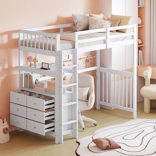 OKMYHOME Hochbett 90 x 200 cm – Einzelbett mit Schreibtisch und 6 Schubladen, Lagerregale, Kiefernholz und MDF, Weiß – ohne Matratze von OKMYHOME