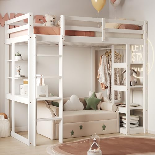 OKMYHOME Hochbett 90 x 200 cm – Einzelbett mit integriertem Schreibtisch, praktischen Fächern und Leiter – Kiefer und MDF – Weiß von OKMYHOME