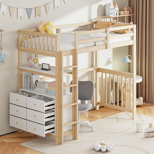 OKMYHOME Hochbett 90 x 200 cm – Einzelbett mit integriertem Schreibtisch und 6 Schubladen, Kiefer und MDF, ohne Matratze, Natur OKMYHOME Hochbett 90 x 200 cm – Einzelbett mit integriertem Schreibtisch und 6 Schubladen, Kiefer und MDF, ohne Matratze, Natur von OKMYHOME