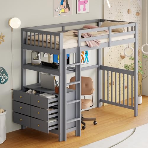 OKMYHOME Hochbett 90 x 200 cm – Einzelbett mit vertikaler Leiter, Schubladen und Aufbewahrungsregalen, ohne Matratze – Grau von OKMYHOME