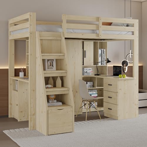 OKMYHOME Hochbett 90 x 200 cm – Etagenbett mit integriertem Schreibtisch und Schrank, Kiefer und MDF, ohne Matratze – Natur OKMYHOME Hochbett 90 x 200 cm – Etagenbett mit integriertem Schreibtisch und Schrank, Kiefer und MDF, ohne Matratze – Natur von OKMYHOME