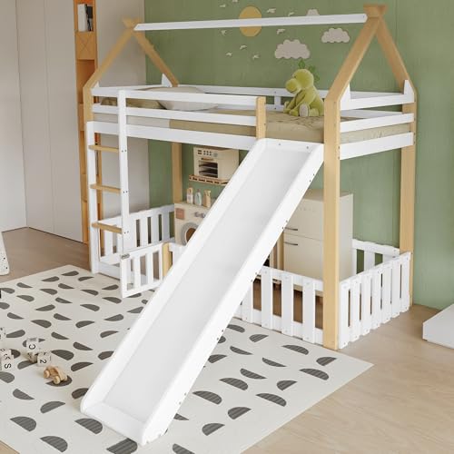 OKMYHOME Hochbett 90 x 200 cm – Kinderbett Hütte mit Rutsche, Sicherheitsbarriere und Leiter – ohne Matratze – Holz Weiß und Natur OKMYHOME Hochbett 90 x 200 cm – Kinderbett Hütte mit Rutsche, Sicherheitsbarriere und Leiter – ohne Matratze – Holz Weiß und Natur von OKMYHOME