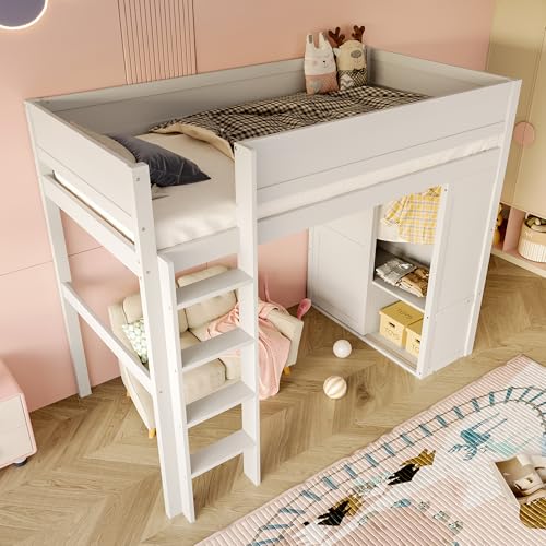 OKMYHOME Hochbett 90 x 200 cm – Kinderbett mit Schreibtisch, Schrank und Schubladen – Kiefer + MDF – ohne Matratze – Weiß OKMYHOME Hochbett 90 x 200 cm – Kinderbett mit Schreibtisch, Schrank und Schubladen – Kiefer + MDF – ohne Matratze – Weiß von OKMYHOME