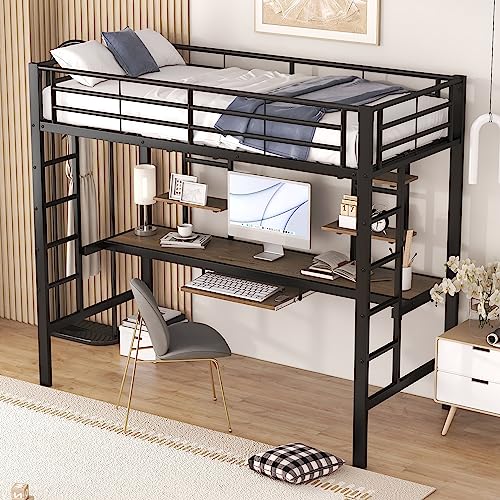 OKMYHOME Hochbett 90 x 200 cm – Kinderbett mit Schreibtisch und 2 Regalböden – Metall + MDF – ohne Matratze – Schwarz OKMYHOME Hochbett 90 x 200 cm – Kinderbett mit Schreibtisch und 2 Regalböden – Metall + MDF – ohne Matratze – Schwarz von OKMYHOME