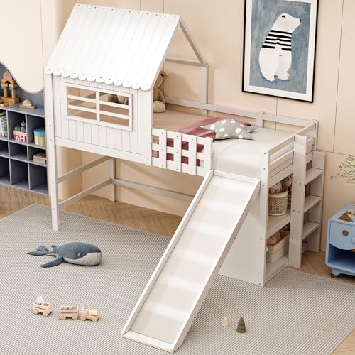 OKMYHOME Hochbett 90 x 200 cm – Kinderbett mit Stauraum, Leiter und Rutsche mit Sicherheitsbarriere, ohne Matratze, Massivholz, Weiß OKMYHOME Hochbett 90 x 200 cm – Kinderbett mit Stauraum, Leiter und Rutsche mit Sicherheitsbarriere, ohne Matratze, Massivholz, Weiß von OKMYHOME