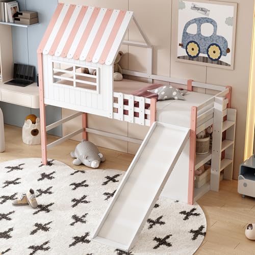 OKMYHOME Hochbett 90 x 200 cm – Kinderbett mit Stauraum, Leiter und Rutsche ohne Matratze – Massivholz, Rosa von OKMYHOME