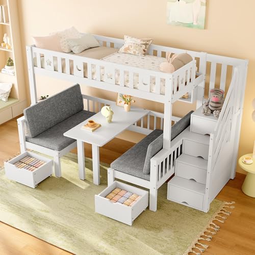 OKMYHOME Hochbett 90 x 200 cm – mit Schreibtisch und Zusatzbett 2-in-1, Aufbewahrungsleiter – Kiefer und MDF – ohne Matratze – Weiß OKMYHOME Hochbett 90 x 200 cm – mit Schreibtisch und Zusatzbett 2-in-1, Aufbewahrungsleiter – Kiefer und MDF – ohne Matratze – Weiß von OKMYHOME