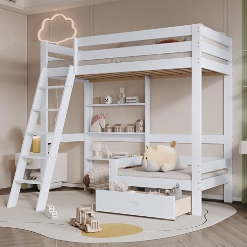 OKMYHOME Hochbett für Kinder, 90 x 200 cm – Bett mit Regalen, Sofa und Schublade – Kiefer + MDF – ohne Matratze – Weiß von OKMYHOME
