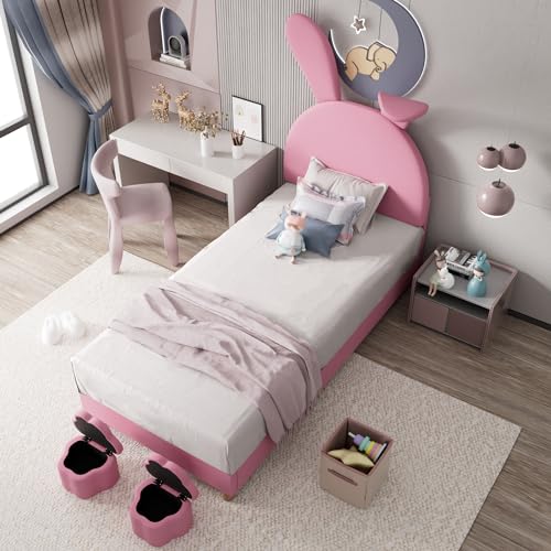 OKMYHOME Kinderbett, 90 x 200 cm – Einzelbett Jugend mit 2 Hockern zur Aufbewahrung und LED-Beleuchtung – Samt – Rosa von OKMYHOME
