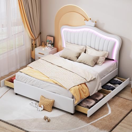 OKMYHOME Kinderbett 140 x 200 cm – Doppelbett mit LED und Schubladen, funktional, PU + MDF, ohne Matratze, Weiß OKMYHOME Kinderbett 140 x 200 cm – Doppelbett mit LED und Schubladen, funktional, PU + MDF, ohne Matratze, Weiß von OKMYHOME