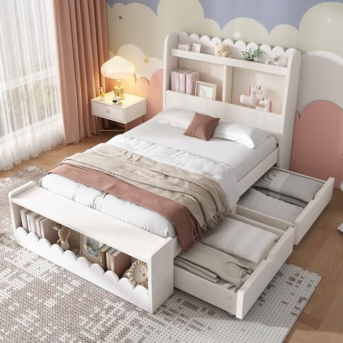 OKMYHOME Kinderbett 90 x 190 cm – Einzelbett mit 2 Schubladen, Regal und Bank, Massivholz und MDF, ohne Matratze – Weiß und Eiche Votan von OKMYHOME