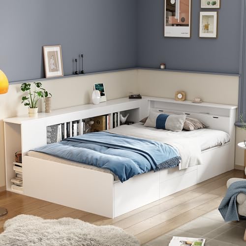 OKMYHOME Kinderbett 90 x 200 cm – Einzelbett mit Schubladen und Bücherregal – stabile MDF-Struktur – ohne Matratze – Weiß OKMYHOME Kinderbett 90 x 200 cm – Einzelbett mit Schubladen und Bücherregal – stabile MDF-Struktur – ohne Matratze – Weiß von OKMYHOME
