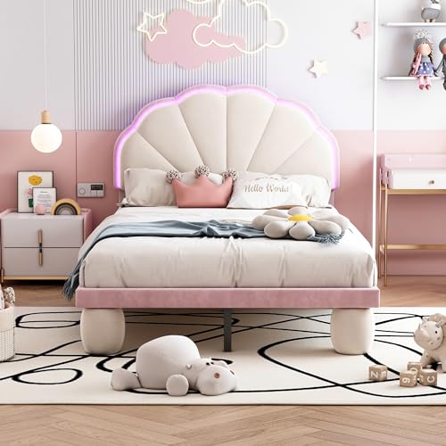 OKMYHOME Kinderbett 90 x 200 cm – Einzelbett mit bunten LEDs, runde gepolsterte Füße, Samt, ohne Matratze – Beige und Rosa von OKMYHOME