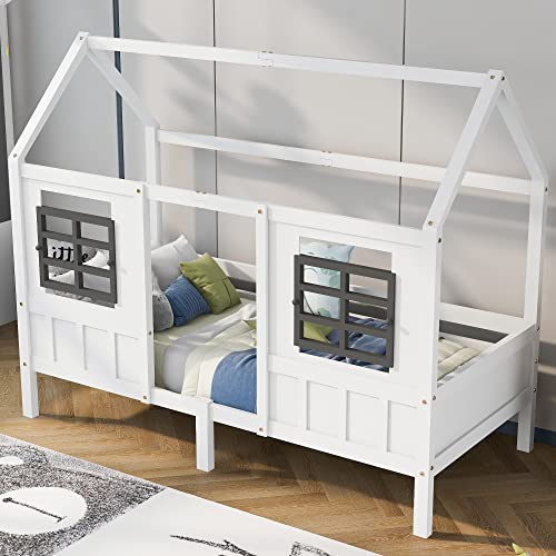 OKMYHOME Kinderbett 90 x 200 cm – Hüttenbett mit Fenstern, Struktur aus Kiefer und MDF, ohne Matratze – Weiß OKMYHOME Kinderbett 90 x 200 cm – Hüttenbett mit Fenstern, Struktur aus Kiefer und MDF, ohne Matratze – Weiß von OKMYHOME