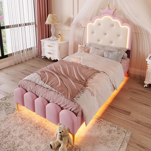 OKMYHOME Kinderbett 90 x 200 cm – Prinzessinnenbett mit Kopfteil, Krone und LED-Beleuchtung, mit Fernbedienung, eleganter Polsterstil, ohne Matratze – Rosa OKMYHOME Kinderbett 90 x 200 cm – Prinzessinnenbett mit Kopfteil, Krone und LED-Beleuchtung, mit Fernbedienung, eleganter Polsterstil, ohne Matratze – Rosa von OKMYHOME
