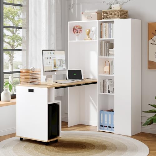 OKMYHOME Klappschreibtische – Klappschreibtisch mit Regalen, 2-in-1-Bücherschreibtisch mit verstellbaren Regalen und USB-Stecker, MDF, 104,5 x 30,5 x 160 cm, Weiß von OKMYHOME