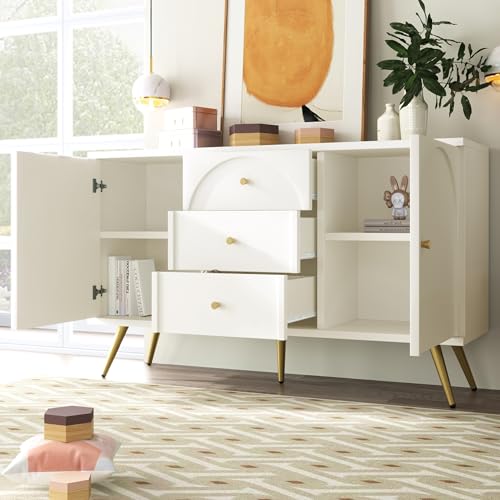 OKMYHOME Kommode mit 3 Schubladen und 2 Türen, für Wohnzimmer und Schlafzimmer, Metall und Spanplatte, 140 x 40 x 84 cm, Weiß von OKMYHOME
