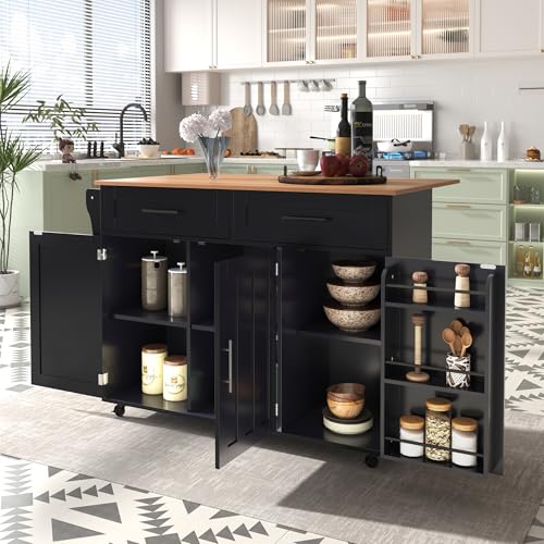OKMYHOME Küchenwagen – Küchenwagen mit Rollen, 2 Schubladen und klappbarer Arbeitsplatte, Spanplatte und Massivholz – 129 x 71 x 91,5 cm – Schwarz von OKMYHOME