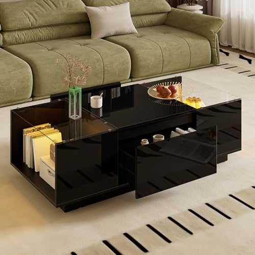 OKMYHOME Moderner Couchtisch – Couchtisch mit integrierter LED, 2 Schubladen und Glasplatte – 105 x 50 x 35 cm – Schwarz OKMYHOME Moderner Couchtisch – Couchtisch mit integrierter LED, 2 Schubladen und Glasplatte – 105 x 50 x 35 cm – Schwarz von OKMYHOME