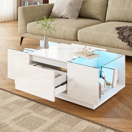 OKMYHOME Moderner Couchtisch – Couchtisch mit integrierter LED und 2 Schubladen, Glasplatte und Stauraum – 105 x 50 x 35 cm – Weiß OKMYHOME Moderner Couchtisch – Couchtisch mit integrierter LED und 2 Schubladen, Glasplatte und Stauraum – 105 x 50 x 35 cm – Weiß von OKMYHOME