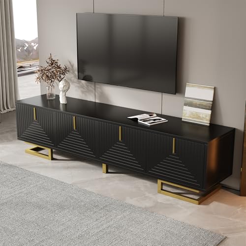 OKMYHOME Moderner TV-Lowboard mit strukturierten Türen, eleganten goldenen Griffen und Füßen, robuste Spanplatte, 160 x 38 x 44,5 cm, Schwarz OKMYHOME Moderner TV-Lowboard mit strukturierten Türen, eleganten goldenen Griffen und Füßen, robuste Spanplatte, 160 x 38 x 44,5 cm, Schwarz von OKMYHOME