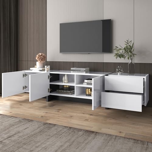 OKMYHOME Moderner TV-Schrank mit 3 Türen und 2 Schubladen, Trennwände und Platte, Hochglanz-Finish, für Wohnzimmer, Weiß von OKMYHOME