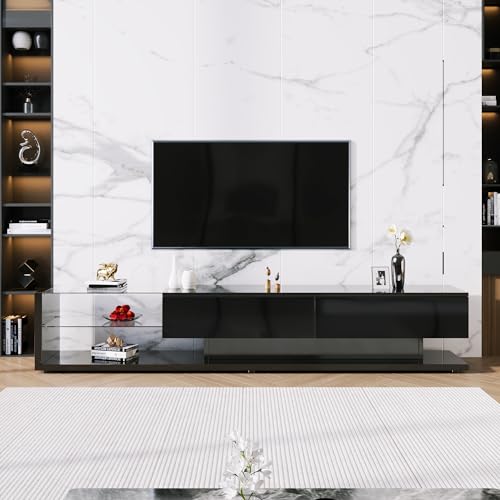OKMYHOME Modernes TV-Möbel mit Glastrennwänden und LED-Beleuchtung, glänzende MDF-Platte und elegantes Design für Wohnzimmer – Schwarz OKMYHOME Modernes TV-Möbel mit Glastrennwänden und LED-Beleuchtung, glänzende MDF-Platte und elegantes Design für Wohnzimmer – Schwarz von OKMYHOME