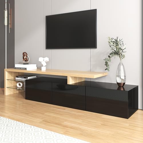 OKMYHOME Modernes TV-Möbel mit LED, 3 Türen und Ablagen aus Glas, MDF E1, 197,5 x 39 x 42 cm, Schwarz und Holz OKMYHOME Modernes TV-Möbel mit LED, 3 Türen und Ablagen aus Glas, MDF E1, 197,5 x 39 x 42 cm, Schwarz und Holz von OKMYHOME