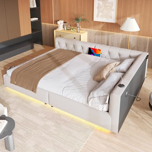 OKMYHOME Polsterbett, 140 x 200 cm, Doppelbett, mit USB-Anschlüssen Typ C und LED-Beleuchtung, gepolsterter Kopf, ohne Matratze, Beige OKMYHOME Polsterbett, 140 x 200 cm, Doppelbett, mit USB-Anschlüssen Typ C und LED-Beleuchtung, gepolsterter Kopf, ohne Matratze, Beige von OKMYHOME