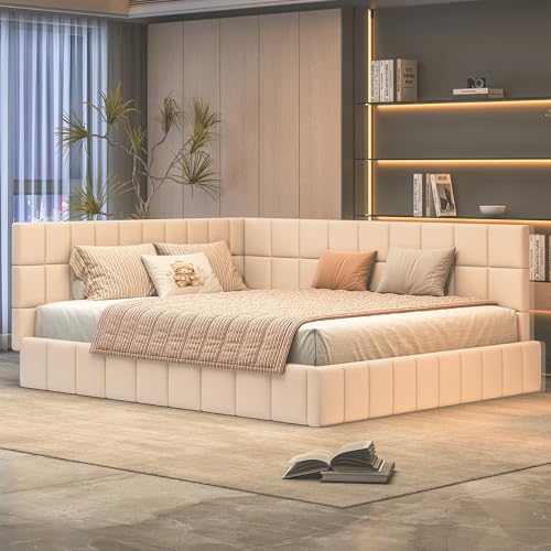 OKMYHOME Polsterbett 160 x 200 cm – Doppelbett, gepolstert, mit wendbaren Schubladen, ohne Matratze, Velours, Beige von OKMYHOME