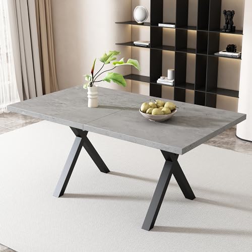 OKMYHOME Rechteckiger Esstisch, Platte in Betonoptik mit gekreuzten Beinen aus schwarzem Metall, MDF und Metall, grau – 140 x 80 x 76 cm von OKMYHOME
