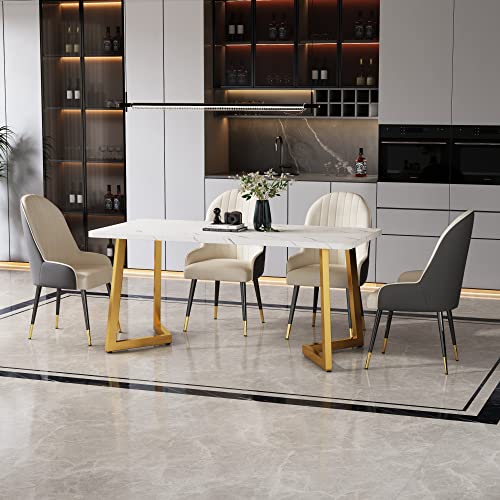 OKMYHOME Rechteckiger Esstisch mit Marmor-Effekt und goldfarbenen Metallbeinen, 117 x 68 x 75 cm, Weiß/Gold von OKMYHOME