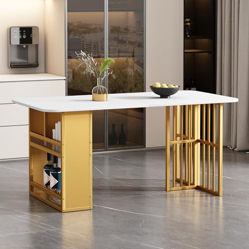 OKMYHOME Rechteckiger Esstisch mit weißer Platte und goldenen Metallbeinen, moderner Stil, Spanplatte – 160 x 80 x 78 cm von OKMYHOME