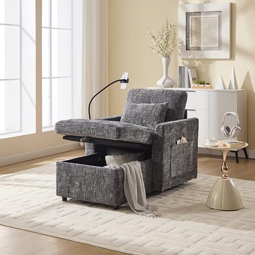 OKMYHOME Relaxsessel, 1-Sitzer, mit Stauraum, klappbare Rückenlehne und Telefonhalterung, Chenille-Bezug, Grau von OKMYHOME