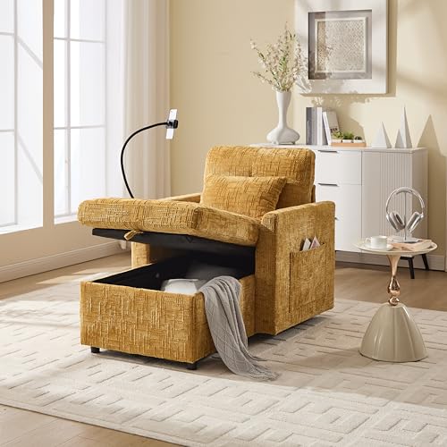 OKMYHOME Relaxsessel, 1-Sitzer, mit Stauraum, klappbare Rückenlehne und Telefonhalterung, Chenille-Bezug, Senfgelb von OKMYHOME