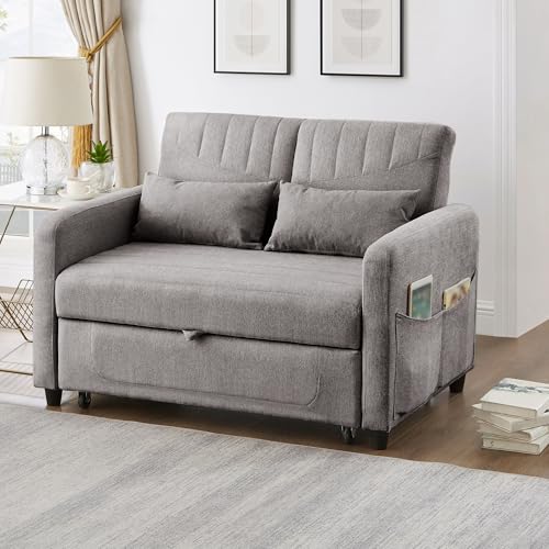 OKMYHOME Schlafsofa – 2-Sitzer-Sofa mit verstellbarer Rückenlehne und Armlehnentaschen – Stoff aus Leinen – 114 x 77 x 82,5 cm – Grau von OKMYHOME
