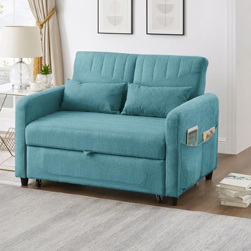 OKMYHOME Schlafsofa – 2-Sitzer-Sofa mit verstellbarer Rückenlehne und Armlehnentaschen – Stoff aus Leinen – 114 x 77 x 82,5 cm – blaugrün von OKMYHOME