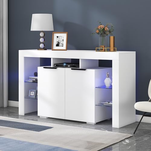 OKMYHOME Sideboard LED RGB 16 s mit 4 verstellbaren Glasablagen und 2 Türen, Spanplatte, 140 x 40 x 80 cm – Weiß von OKMYHOME