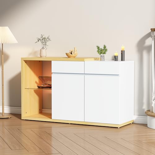 OKMYHOME Sideboard LED RGB mit 2 Türen und 2 Schubladen, Steuerung über App, Spanplatte und Glas, 120 x 40 x 70 cm – Weiß und Eiche OKMYHOME Sideboard LED RGB mit 2 Türen und 2 Schubladen, Steuerung über App, Spanplatte und Glas, 120 x 40 x 70 cm – Weiß und Eiche von OKMYHOME