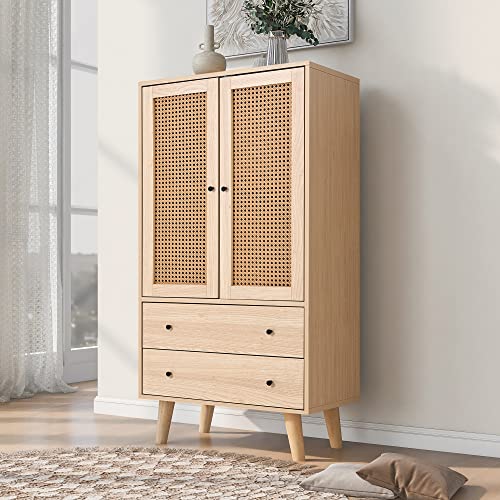 OKMYHOME Sideboard mit 2 Türen aus Rattan und 2 Schubladen – 4 feste Fächer – MDF – 60 x 40 x 120 cm – Natur von OKMYHOME
