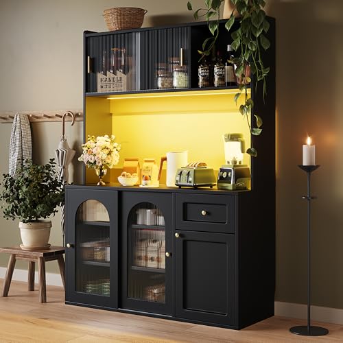 OKMYHOME Sideboard mit LED-Beleuchtung – Moderne Vitrine mit verstellbaren Regalen, MDF, schwarz – 120 x 35 x 167 cm von OKMYHOME