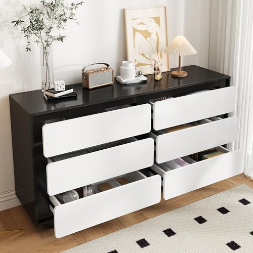 OKMYHOME Sideboards und Kommoden – Schlafzimmer-Kommode mit 6 Schubladen, funktionale Aufbewahrung und modernes Design, Spanplatten, 140 x 38 x 74,5 cm – Weiß + Schwarz von OKMYHOME