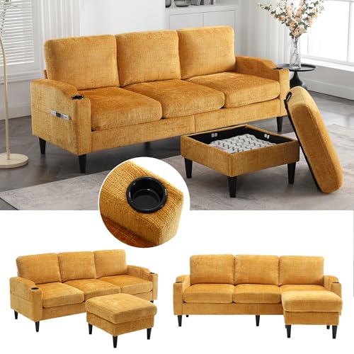 OKMYHOME Sofa, rechts, Truhe, 4-Sitzer, mit Sitzsack und Stauraum – Armlehnen mit Getränkehalter und Seitentaschen – Chenille-Beschichtung – Gelb OKMYHOME Sofa, rechts, Truhe, 4-Sitzer, mit Sitzsack und Stauraum – Armlehnen mit Getränkehalter und Seitentaschen – Chenille-Beschichtung – Gelb von OKMYHOME