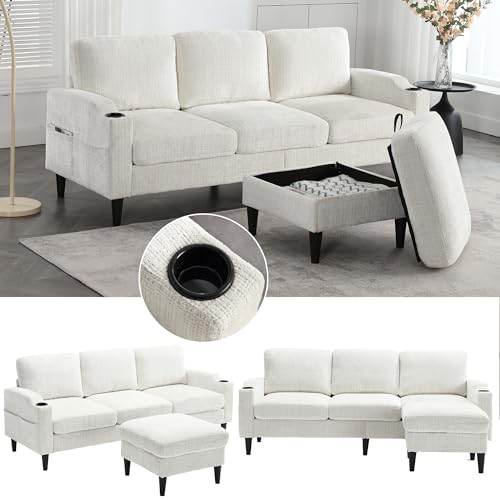 OKMYHOME Sofa, rechts, Truhe, 4-Sitzer, mit Sitzsack und Stauraum – Armlehnen mit Getränkehalter und Seitentaschen – Chenille-Bezug – Beige von OKMYHOME