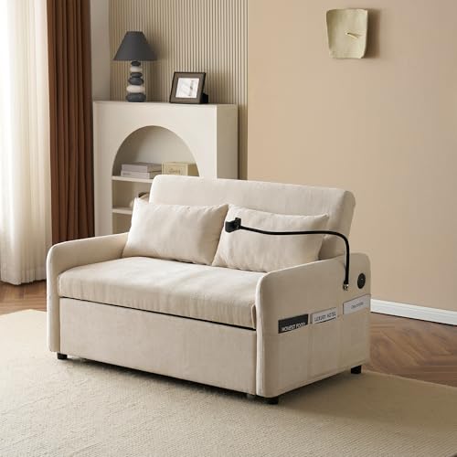 OKMYHOME Sofa, rechts, ausklappbar, 2-Sitzer – mit verstellbarer Rückenlehne und USB-Anschluss – Chenille-Schaumstoff, Beige von OKMYHOME