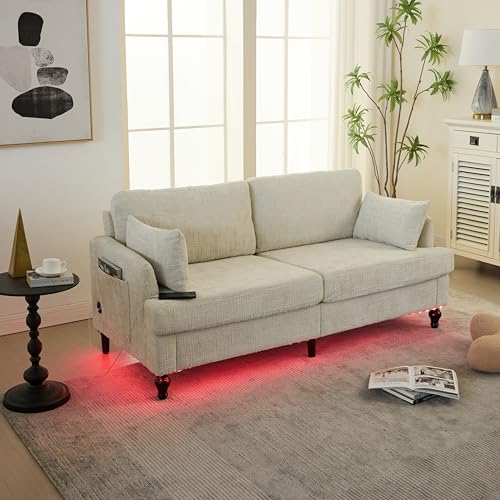 OKMYHOME Sofas – modernes 2-Sitzer-Sofa für Wohnzimmer mit Aufbewahrung, LED und USB-Anschluss, Bezug aus Chenille, 175 x 83 x 78 cm – Beige von OKMYHOME