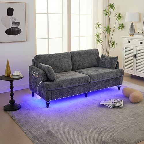 OKMYHOME Sofas – modernes 2-Sitzer-Sofa für Wohnzimmer mit Aufbewahrung, LED und USB-Anschluss, Bezug aus Chenille, 175 x 83 x 78 cm – Grau von OKMYHOME